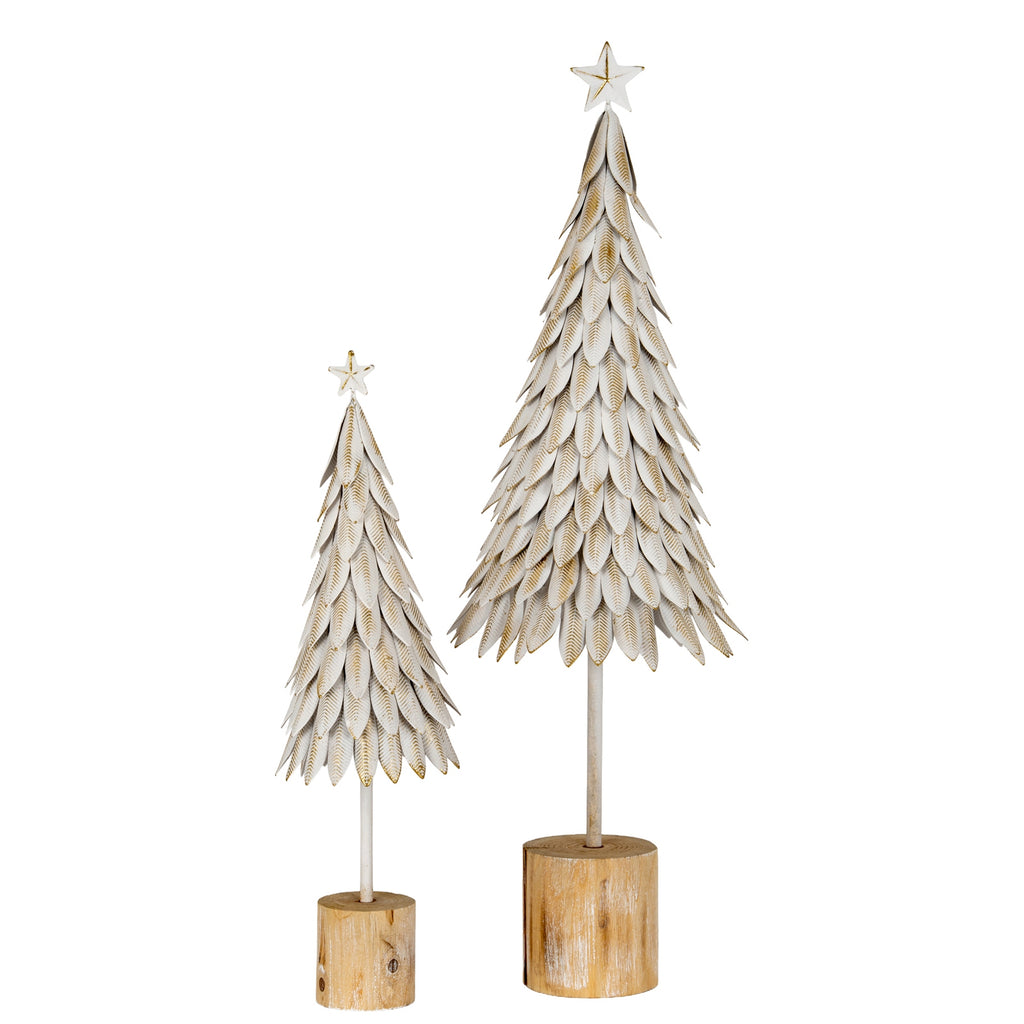 Large White Metal Christmas Tree on Wooden Stand